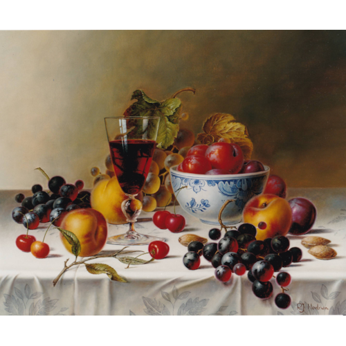 Still Life with Red Wine and Fruit on a Tablecloth